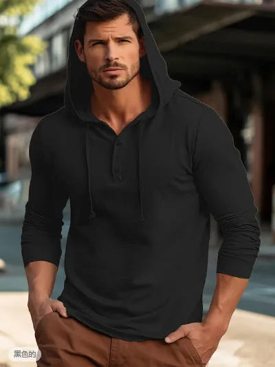 Casual cotton sports hoodie top in dark blue, showing front pullover design with hood and long sleeves.