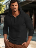 Casual cotton sports hoodie top in dark blue, showing front pullover design with hood and long sleeves.