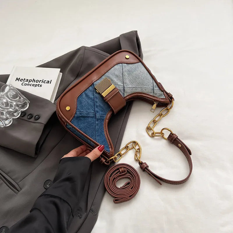 Brown denim women's shoulder bag with diamond chain design and phone compartment