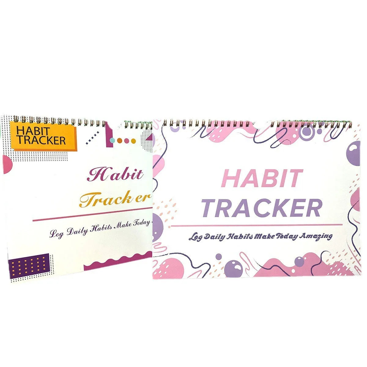 Habit tracking journal open showing internal pages with 21x28cm dimensions and coloured cover