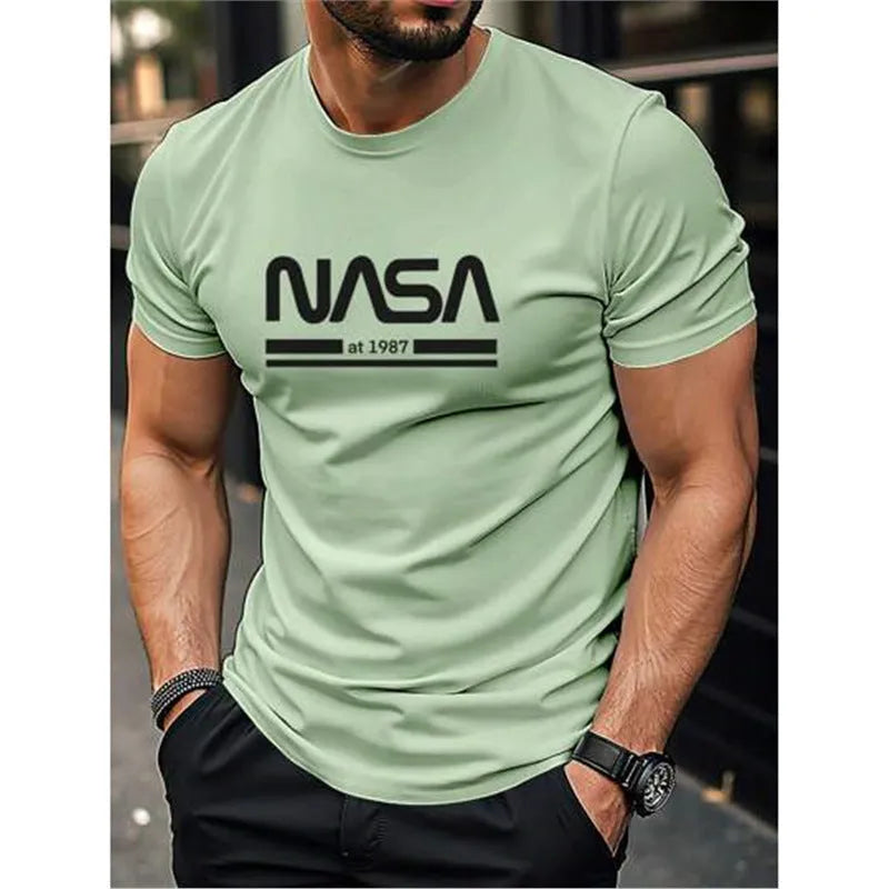 Men's slim-fit cotton short sleeve T-shirt with printed letters design in multiple solid colours.