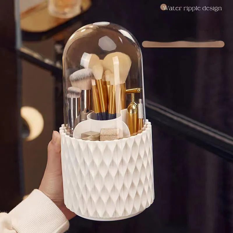 Transparent rotating makeup brush storage box with white accents and removable dust-protecting lid