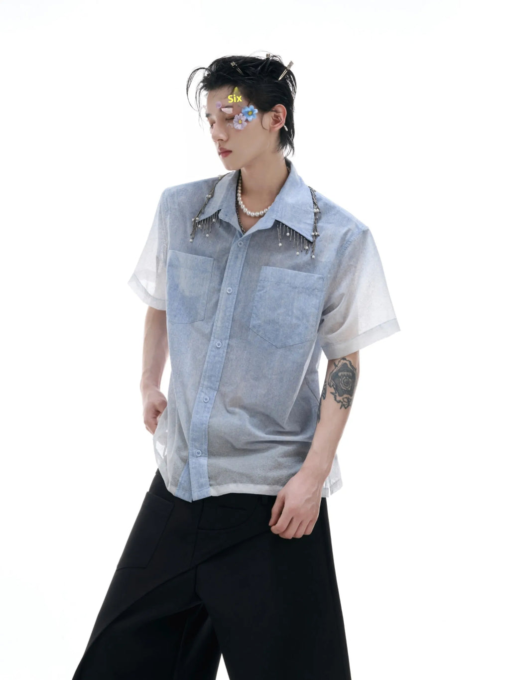 Blue and white gradient short sleeve polyester shirt with loose summer fit