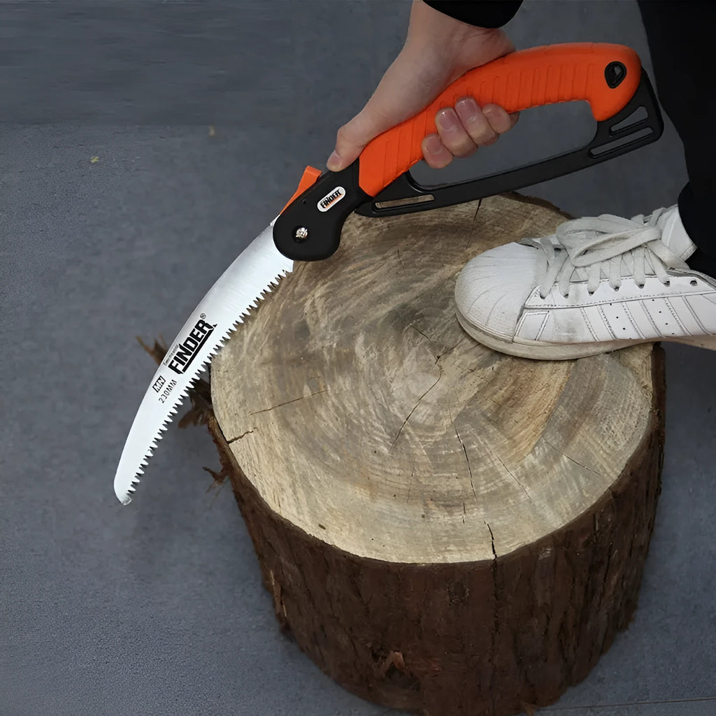 Folding garden hand saw with a 230mm steel blade and black TPR handle, shown both open and closed.