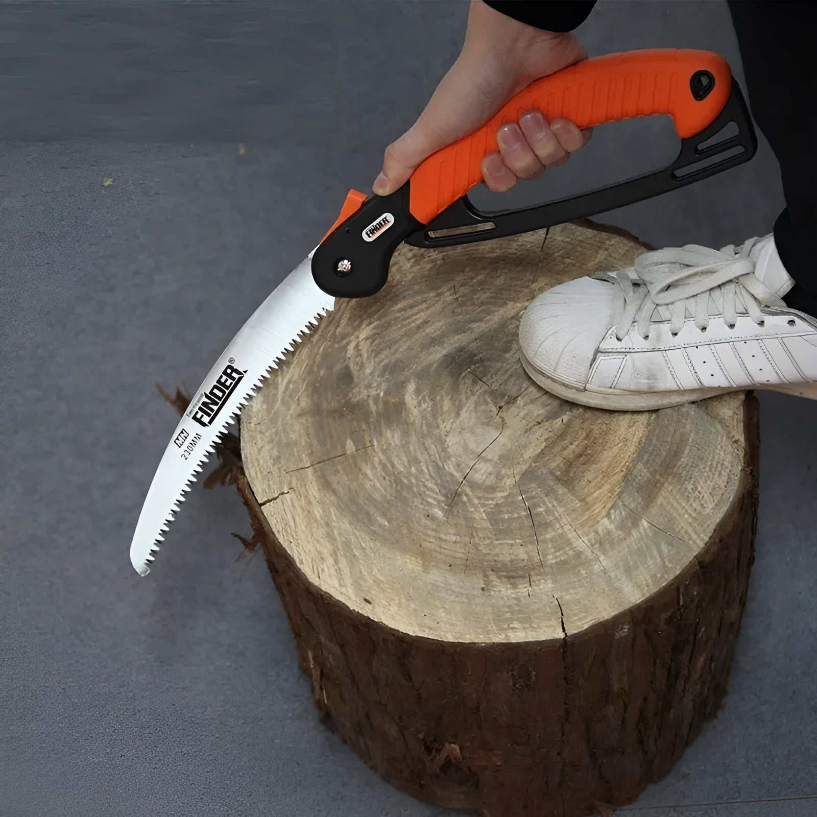 Folding garden hand saw with a 230mm steel blade and black TPR handle, shown both open and closed.