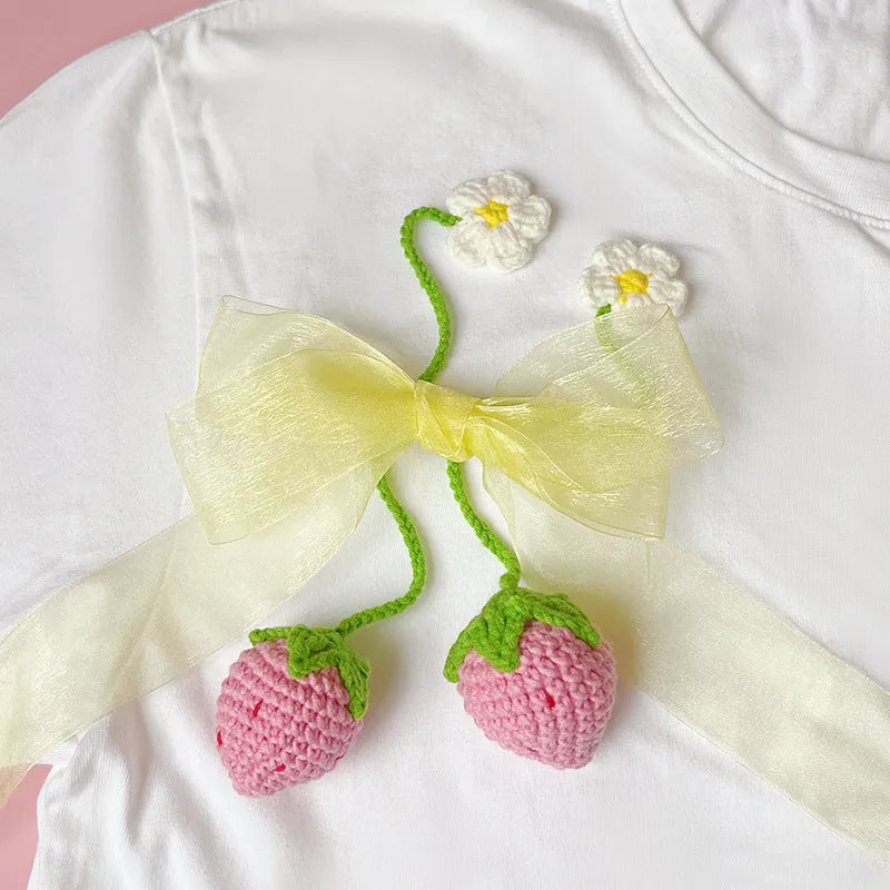 Handmade wool crochet strawberry pendant necklace in red or pink colour with 35cm length