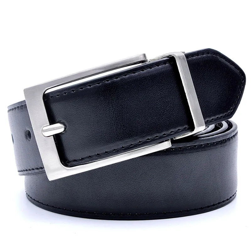 Men's brown and black leather belt with rotating pin buckle fastening mechanism showing length adjustment