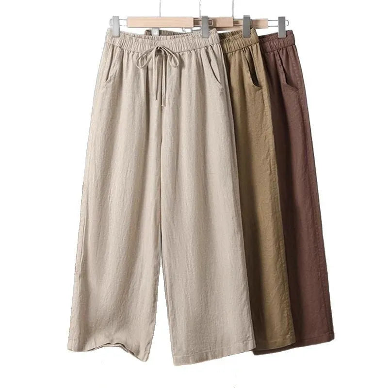 Women's straight-leg casual trousers with elastic waist and front drawstring tie in four colour options
