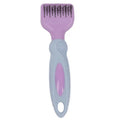 Pink stainless steel dog comb with built-in knot knife and massage teeth for pet grooming.