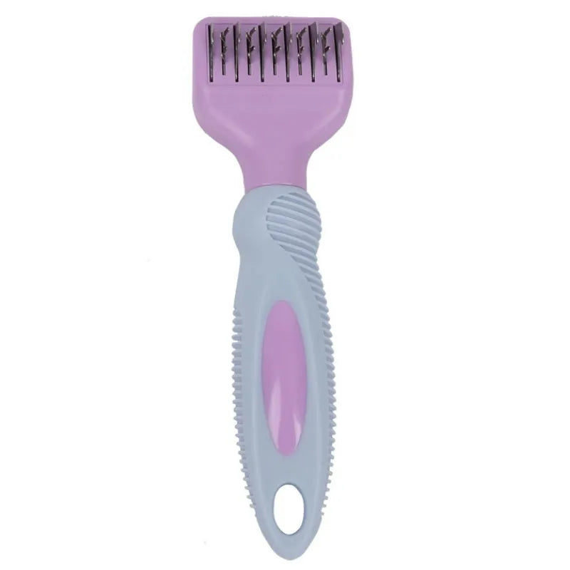 Pink stainless steel dog comb with built-in knot knife and massage teeth for pet grooming.