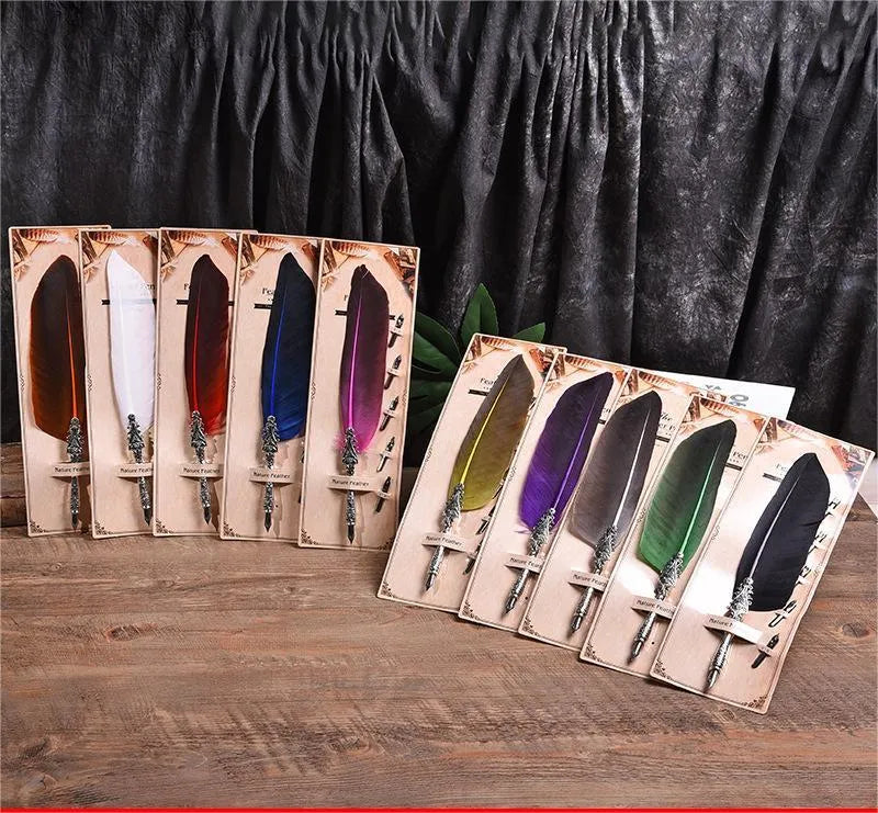 Vintage feather pen with zinc alloy shell in ten colour options showing retro design