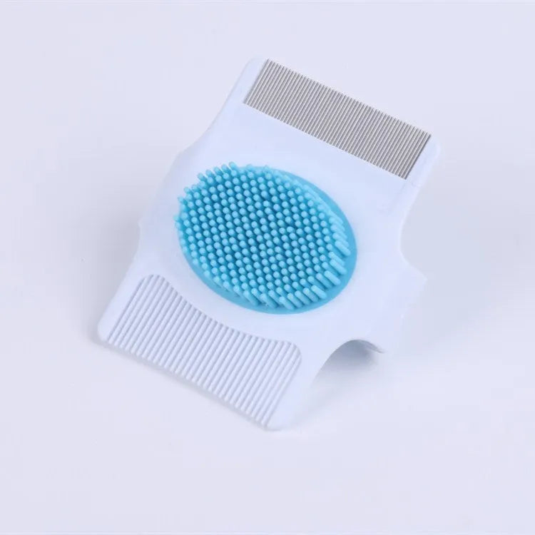 Blue multifunctional pet comb grooming tool measuring 8.5cm with floating hair removal, massage, and flea removal functions