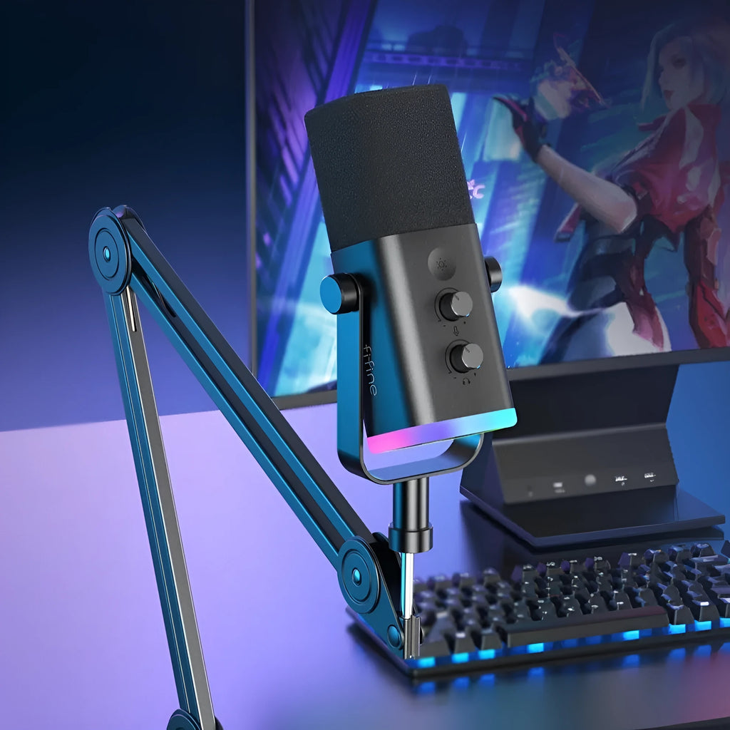 Dynamic noise reduction microphone in black with XLR cable and desktop base.