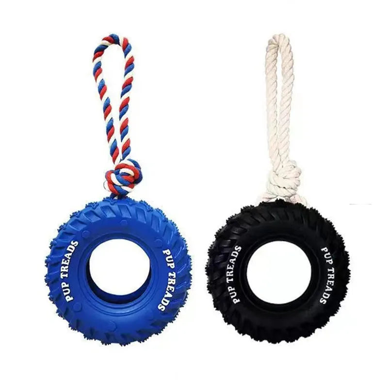 Black natural rubber dog chew toy shaped like a tire with rope, 35x16cm, for large aggressive chewers
