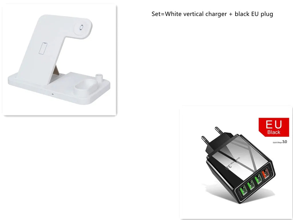 Foldable 4-in-1 wireless charging station for iPhone, Apple Watch, AirPods and Apple Pencil on a desk
