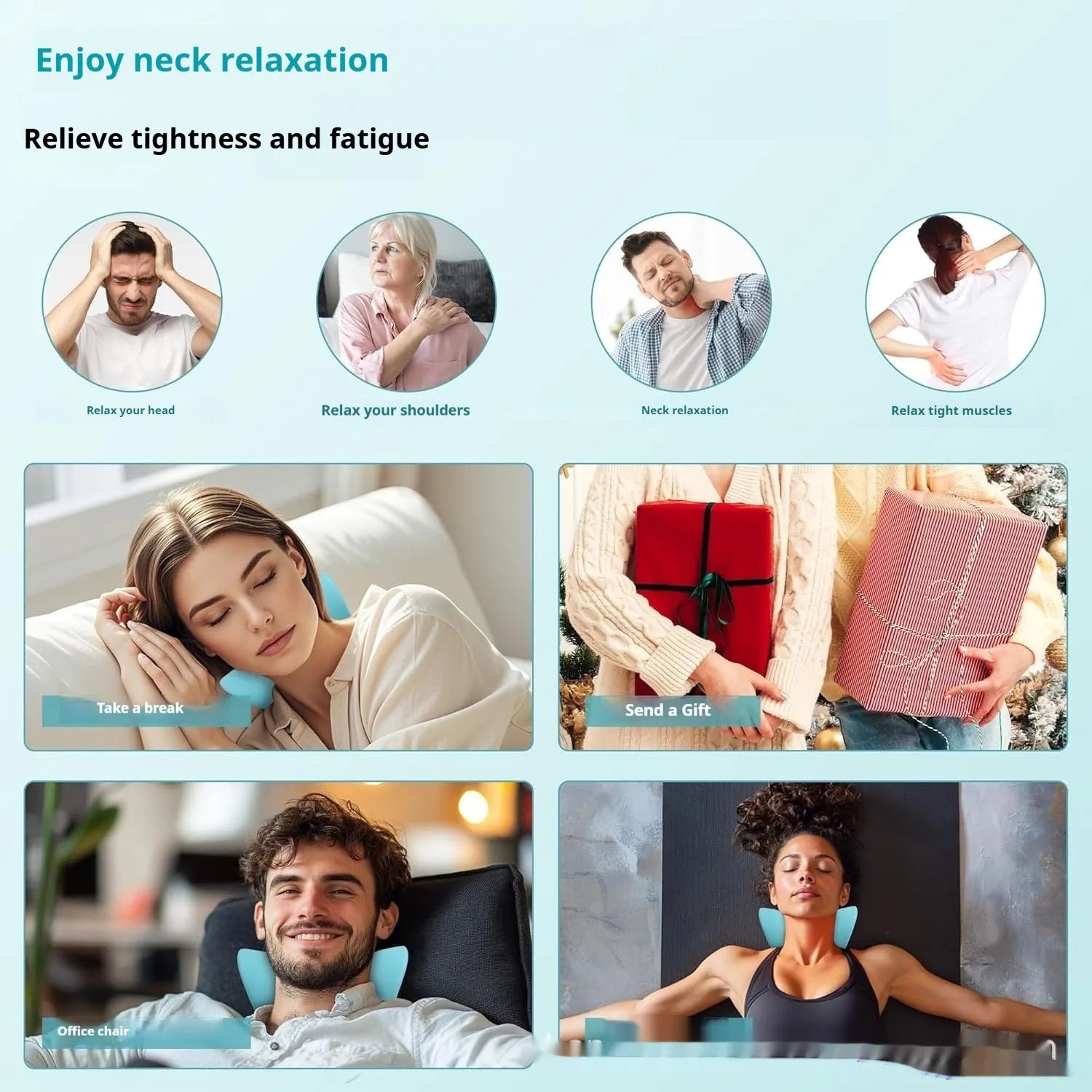 Blue USB-powered cervical traction pillow with red light and infrared therapy on a flat surface