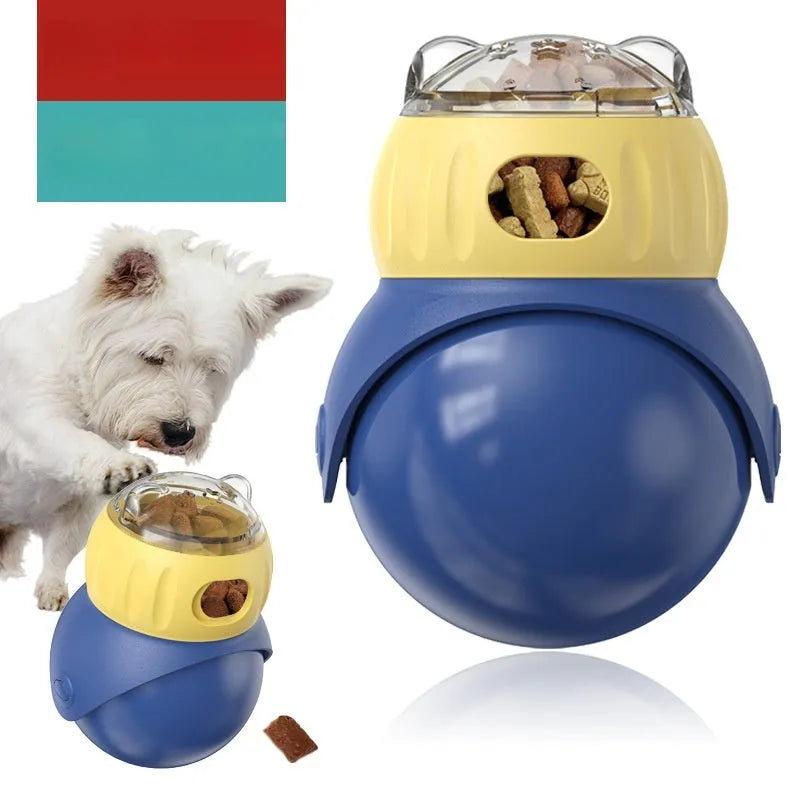 Morandi yellow and blue plastic owl-shaped cat puzzle feeder toy on a floor