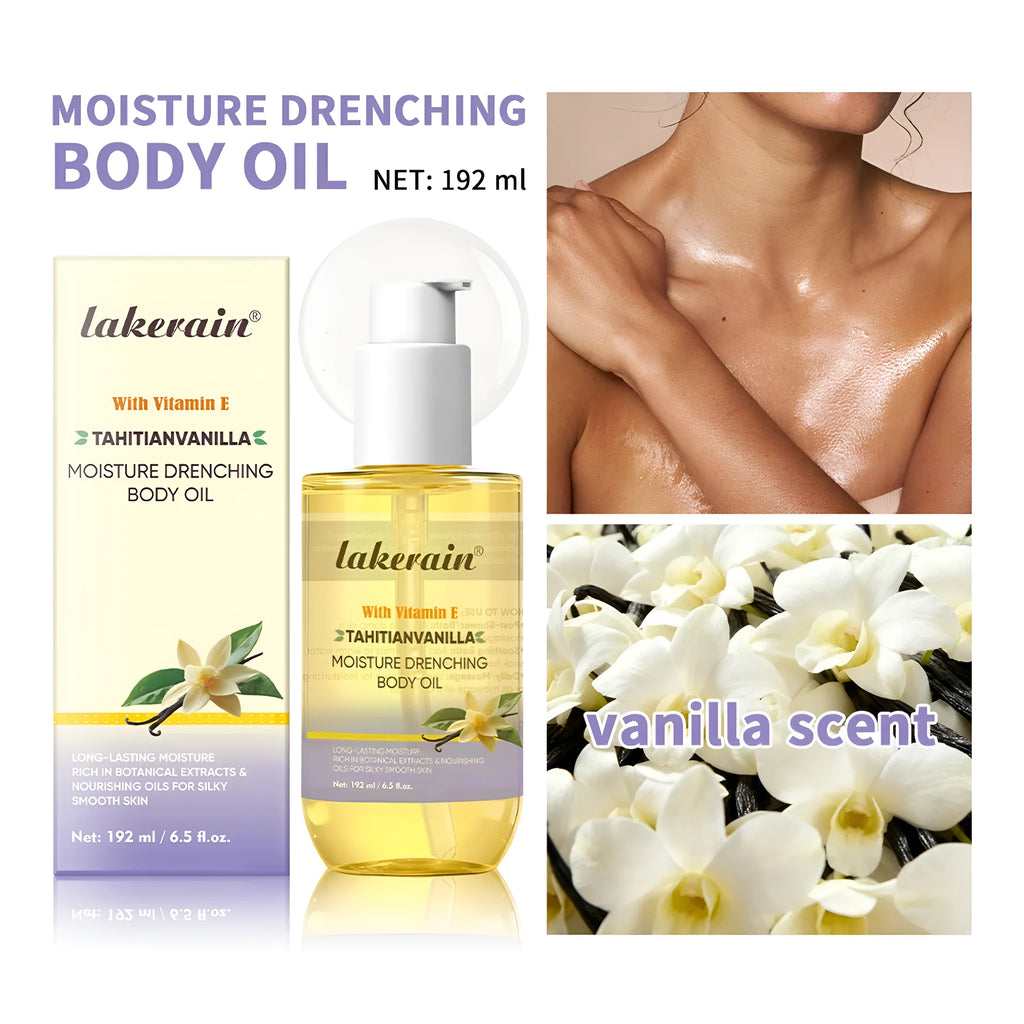 Vanilla flavoured moisturizing body oil in 192ml bottle for all skin types