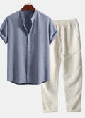 Men's slim fit floral print casual shirt in green, part of a coordinated set with trousers.