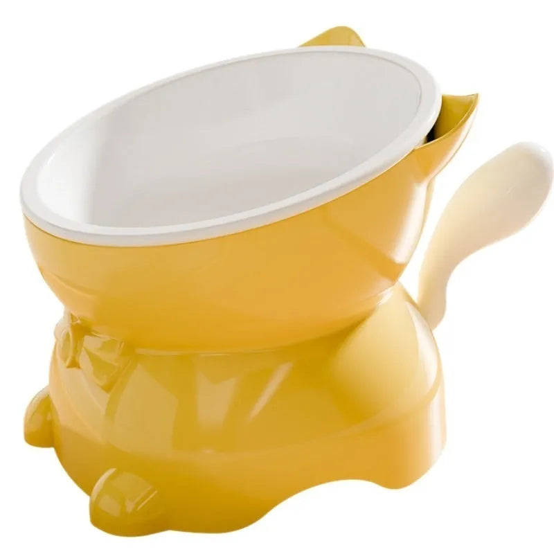 Stainless steel slanted anti-fall cat bowl in black, blue, pink, or yellow colour options.