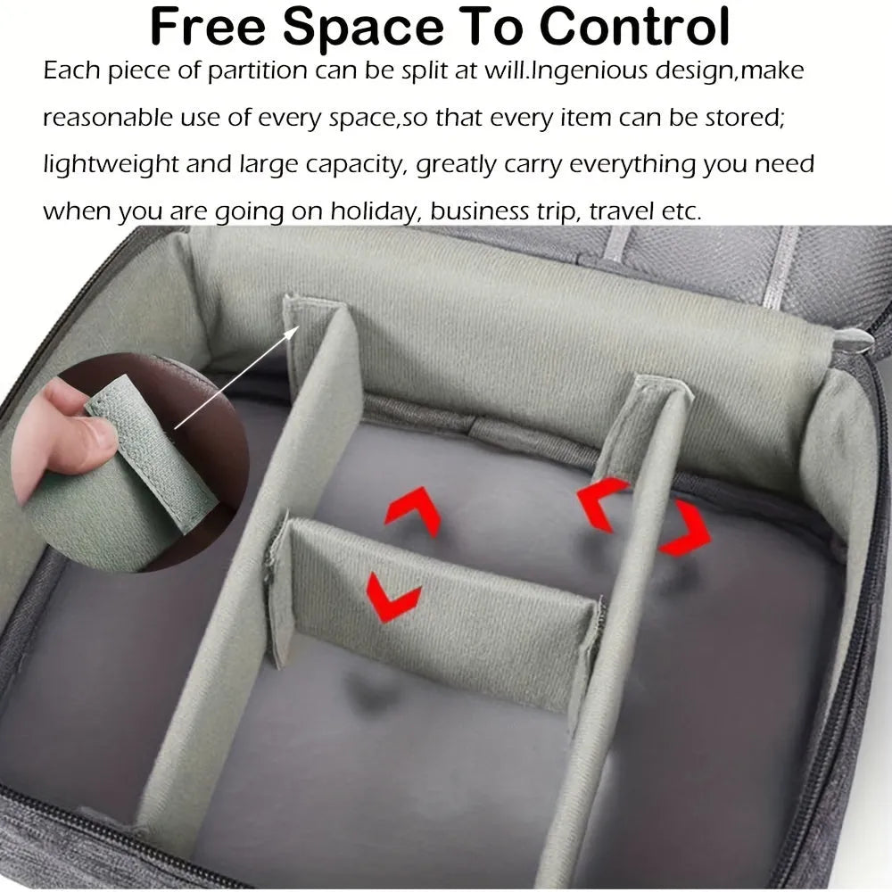 Black electronics organiser case open showing mesh pockets, elastic loops, and removable padded dividers for cable organisation