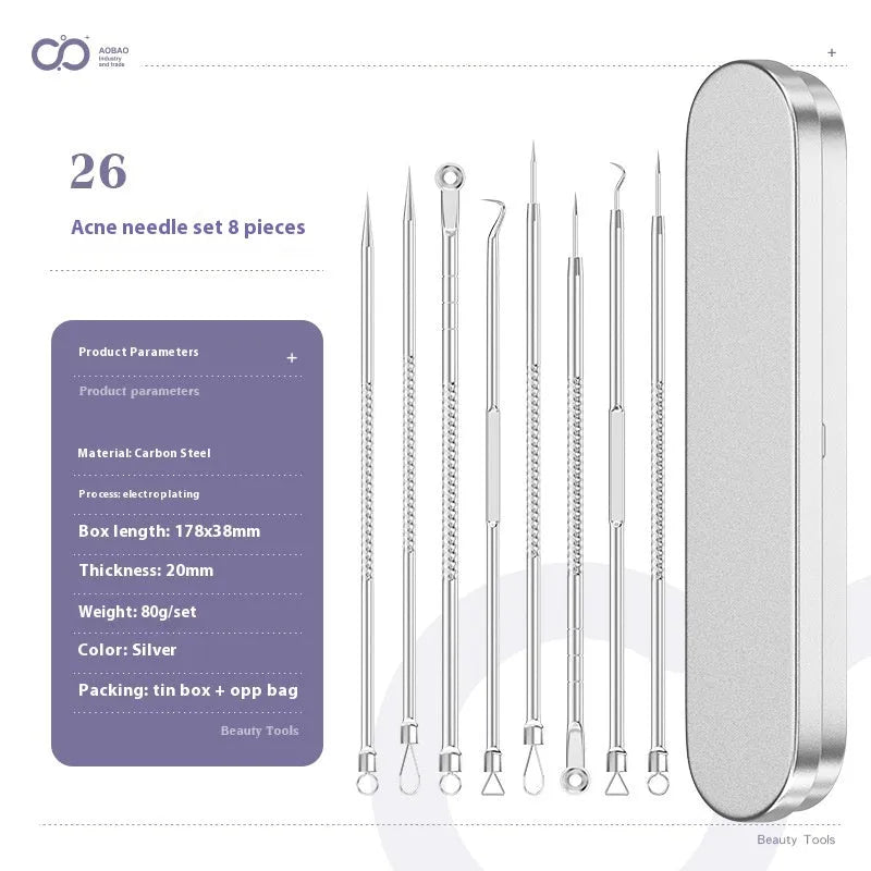 Four-piece stainless steel acne needle set with ultra-fine pointed tips and extraction clip on silver background