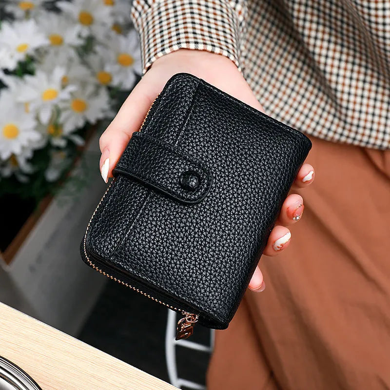 Women's lychee pattern solid colour PU short wallet with sewing thread detail in beige