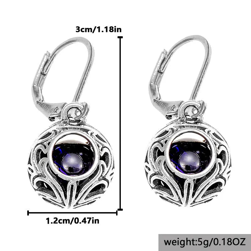 Vintage engraving hollow blue gemstone pendant drop earrings in silver colour for women, geometric shape