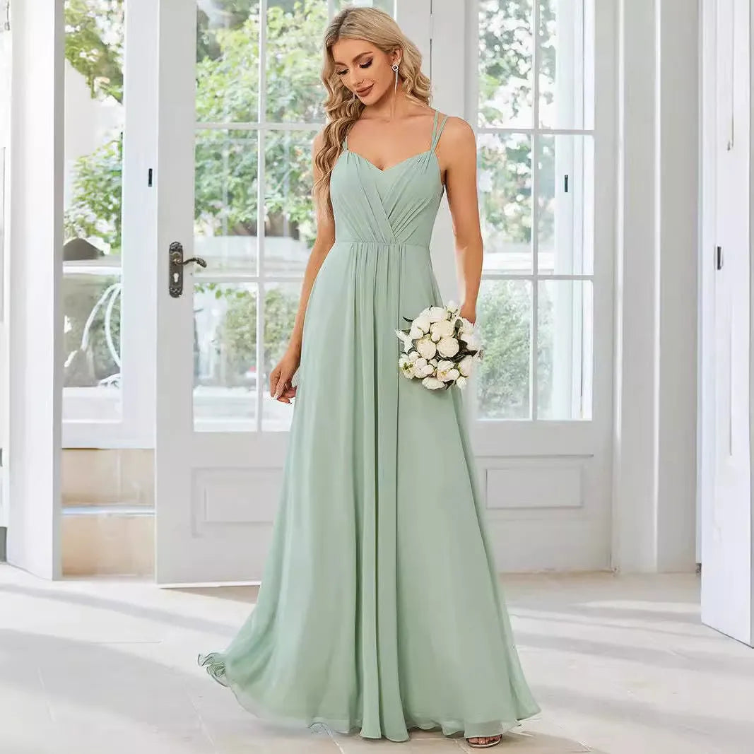 Women's sleeveless long banquet dress with pleated A-line skirt in light green, wine red, navy blue, or purple.