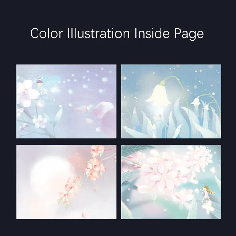 A5 notebook with luminous cover open to show pages with colour illustrations