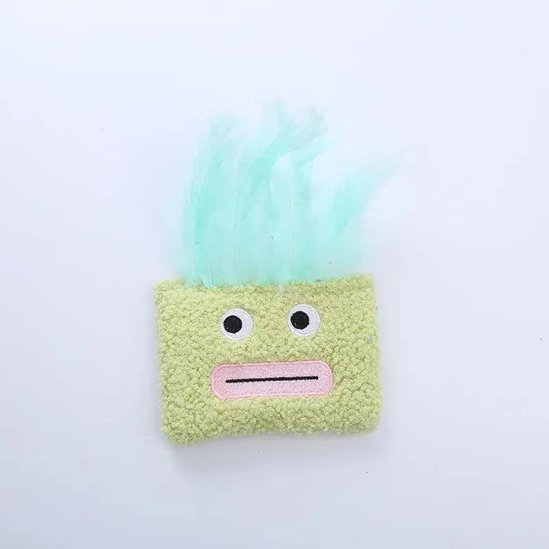 Catnip plush toy with funny big mouth explosion head design in blue green orange purple colours