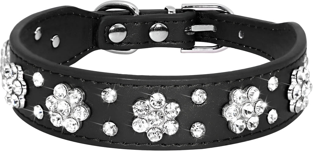 Cute PU leather dog collar with rhinestone flower pattern studs and metal D-ring in black, blue, pink, or red.