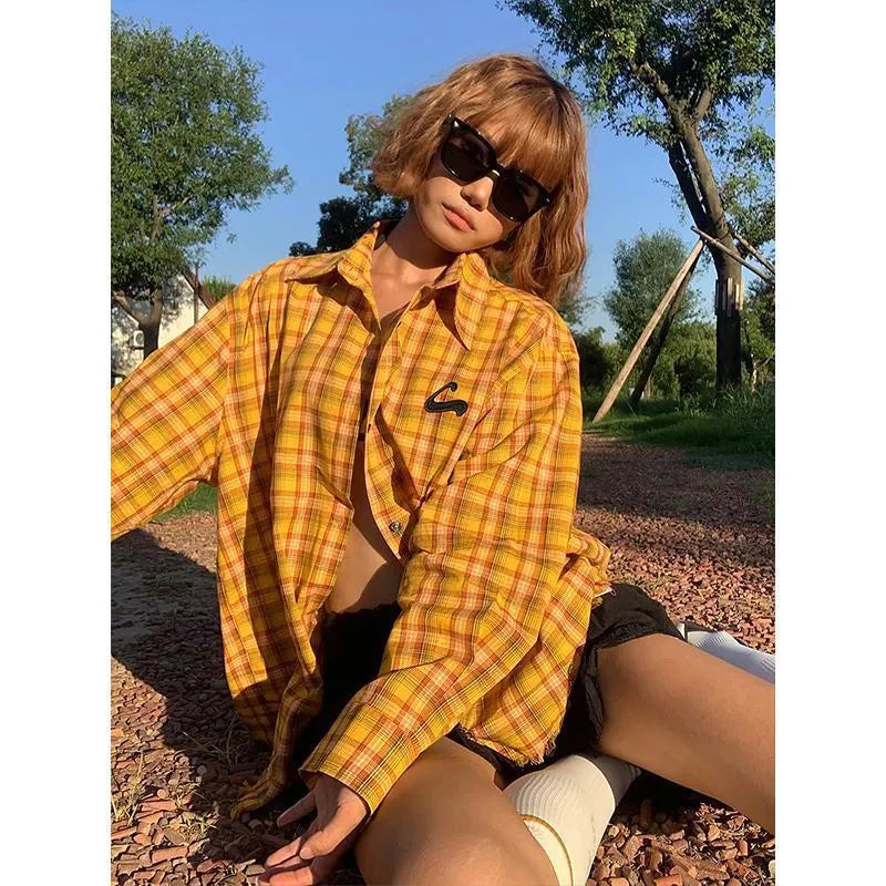 Dopamine yellow plaid shirt in loose cardigan style with polyester fabric