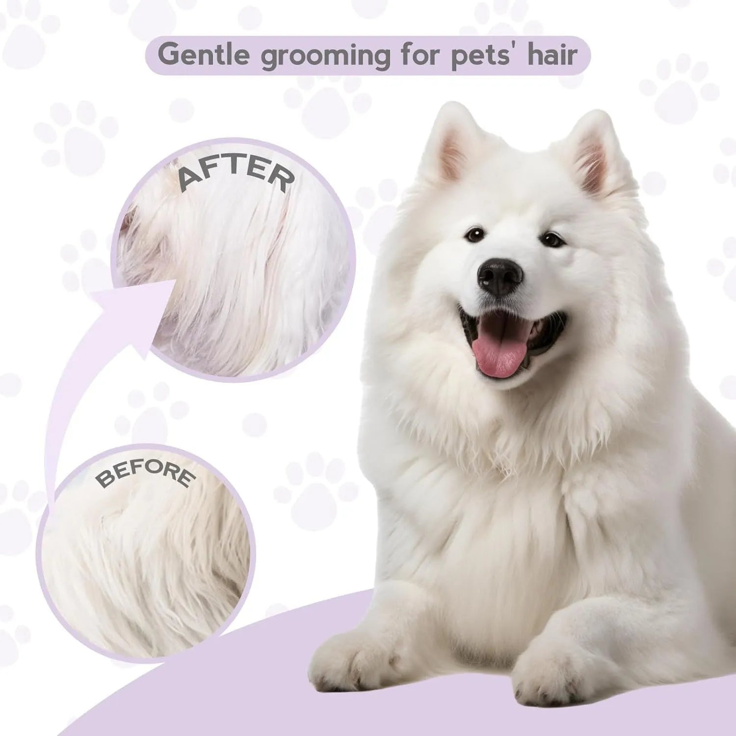 Purple pet grooming comb with stainless steel teeth and ergonomic handle for detangling dog and cat fur