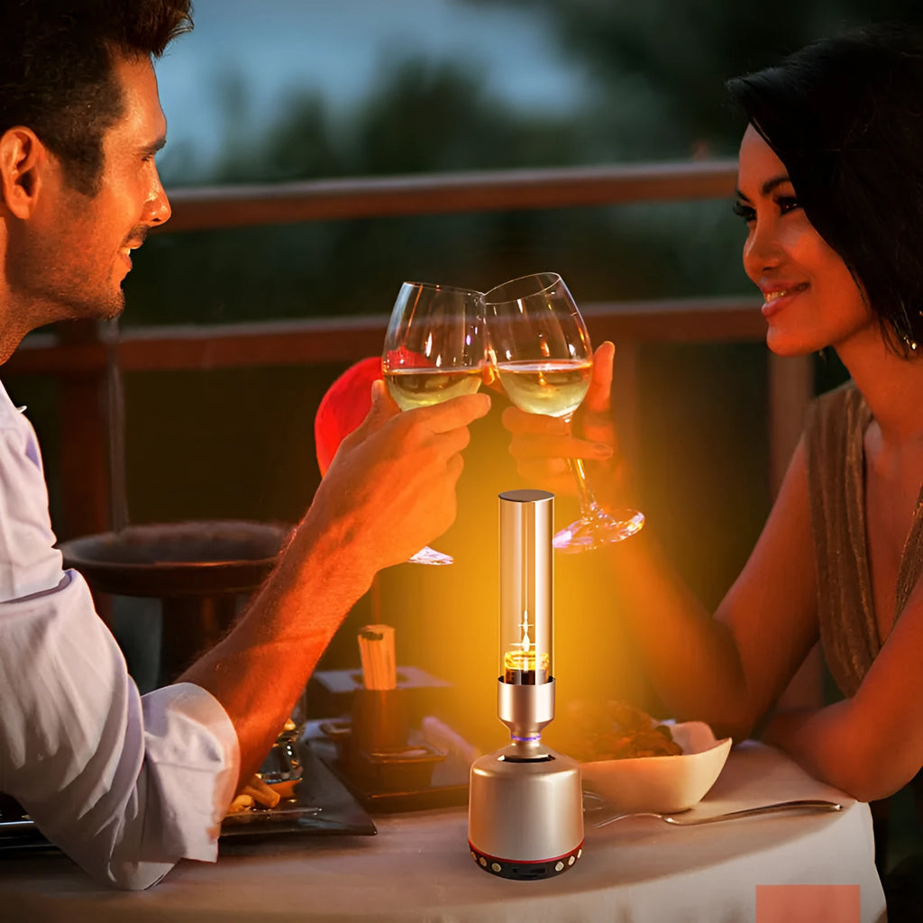 White silver Bluetooth speaker with candlelight atmosphere lighting showing modern minimalist design