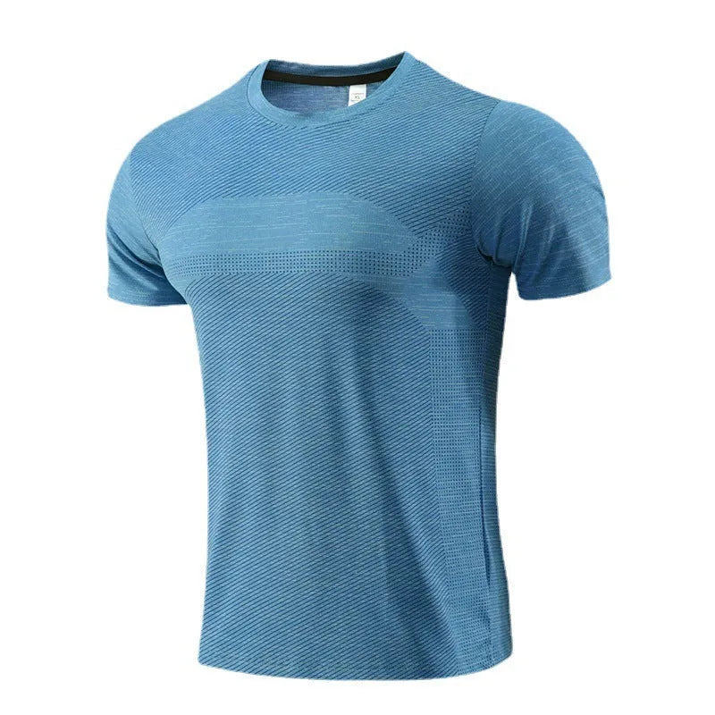 Men's short sleeve polyester spandex running t-shirt in red, shown with size label.