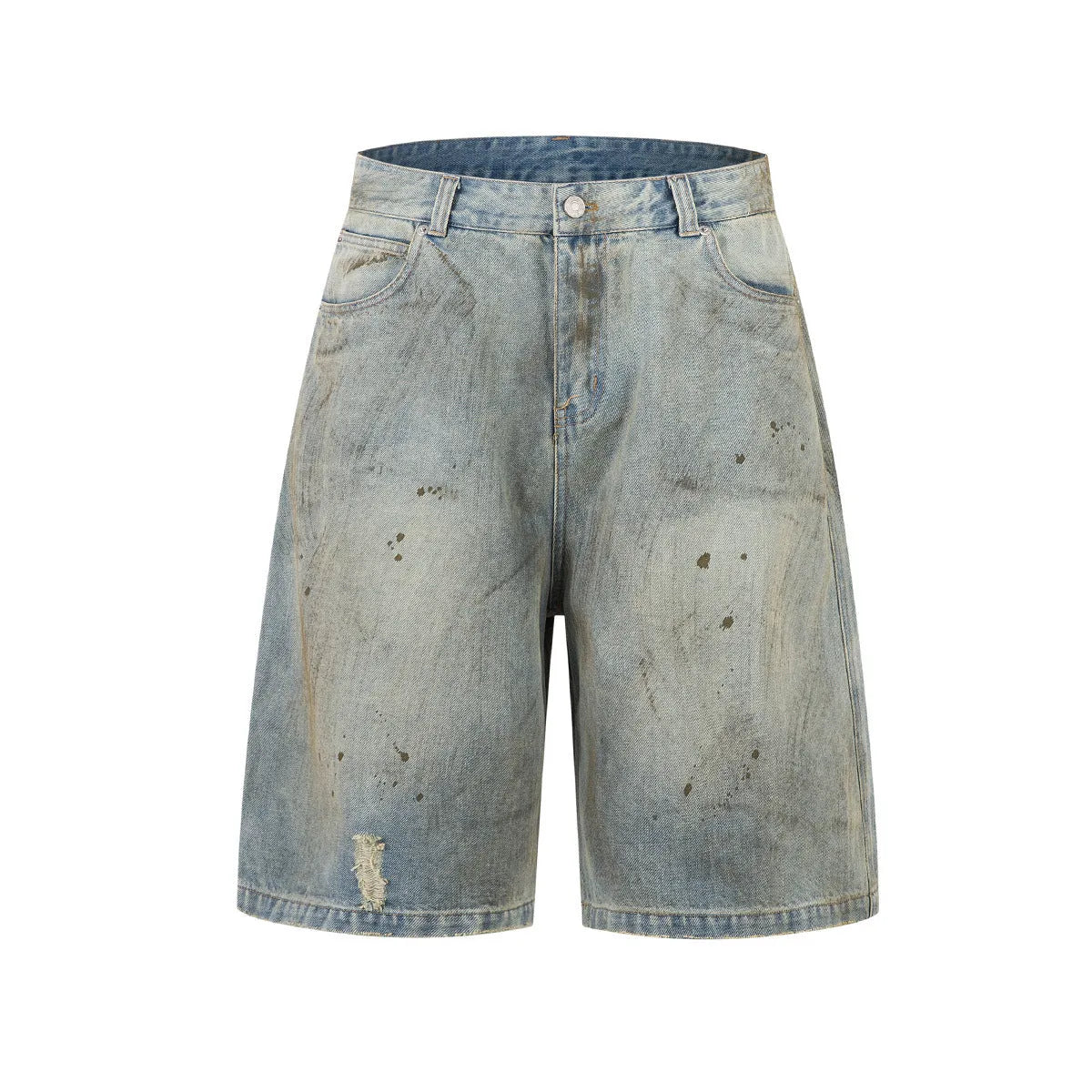 Women's blue cropped washed denim straight-leg trousers with zipper fly on hanger