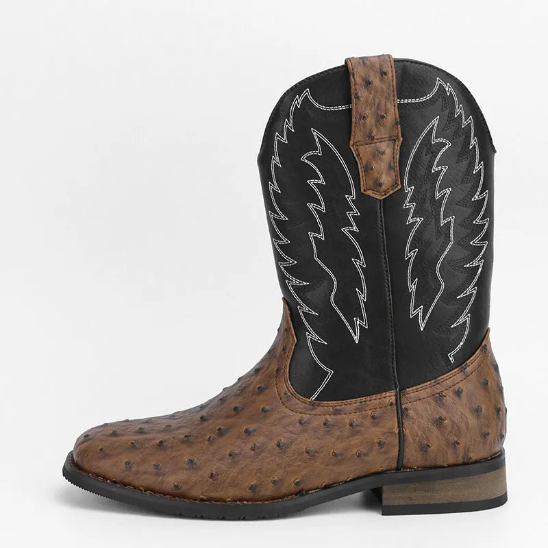 Men's Western denim square toe motorcycle boots with low wedge heel, artificial leather upper, and embroidery detail