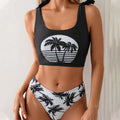 Women's bikini swimsuit with coconut print, lace-up top, polyester, sleeveless, two-piece set