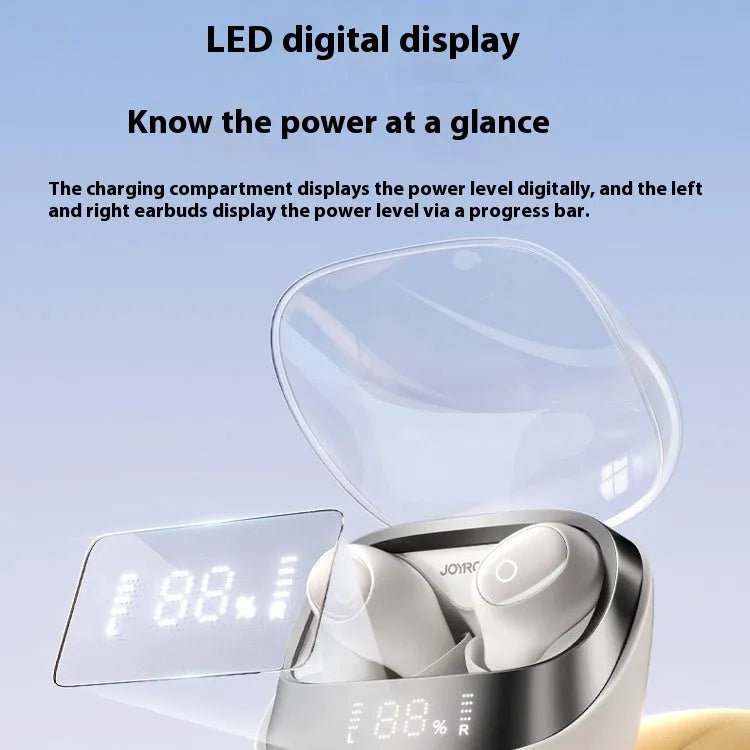Dawn White wireless Bluetooth earbuds with charging case on a table