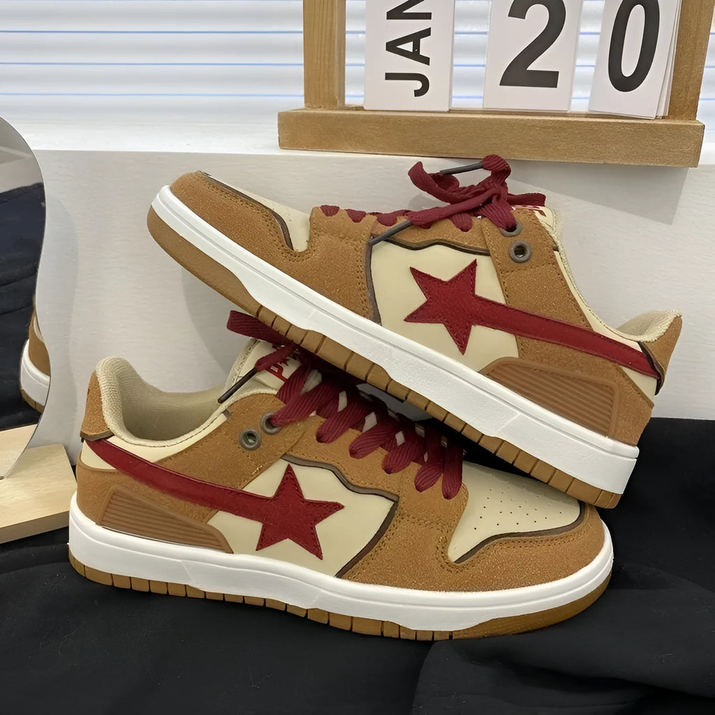 Brown low-top platform sneakers with sequins, lace-up fastening, and rubber sole on light background