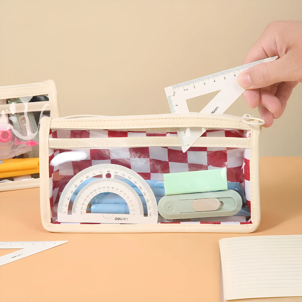 Transparent PVC pencil case with chessboard pattern measuring 21.5cm, shown in black and white grid design