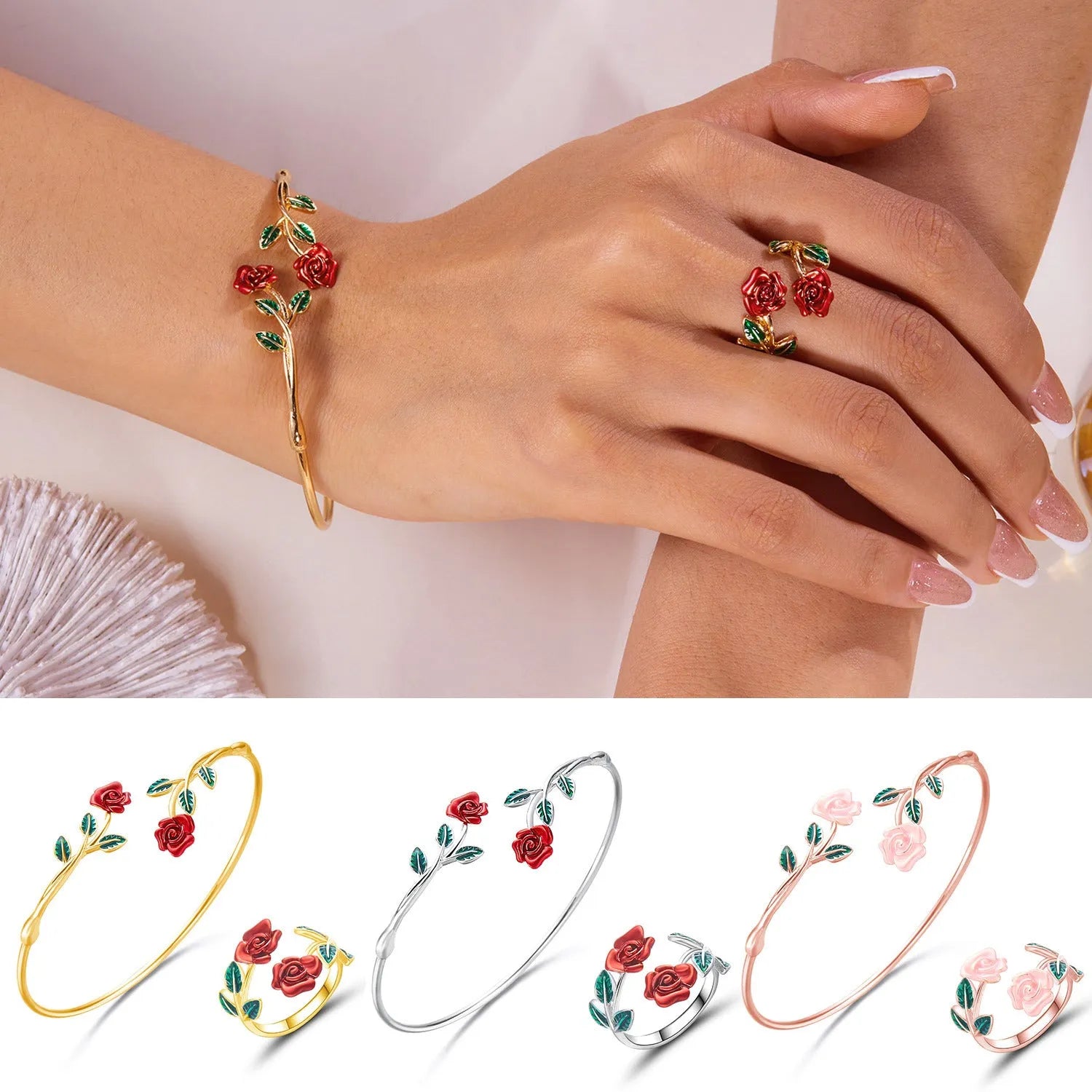 Rose open bracelet and ring set for women, electroplated copper, three colour options, European American style