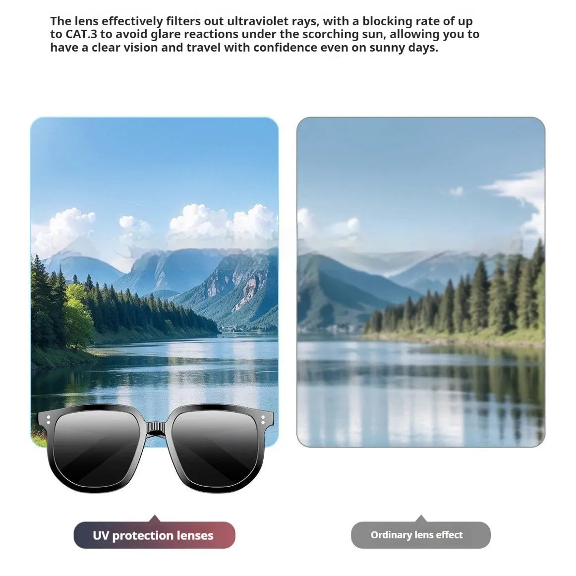 Black PC frame Bluetooth smart sunglasses with touch controls for audio and calls