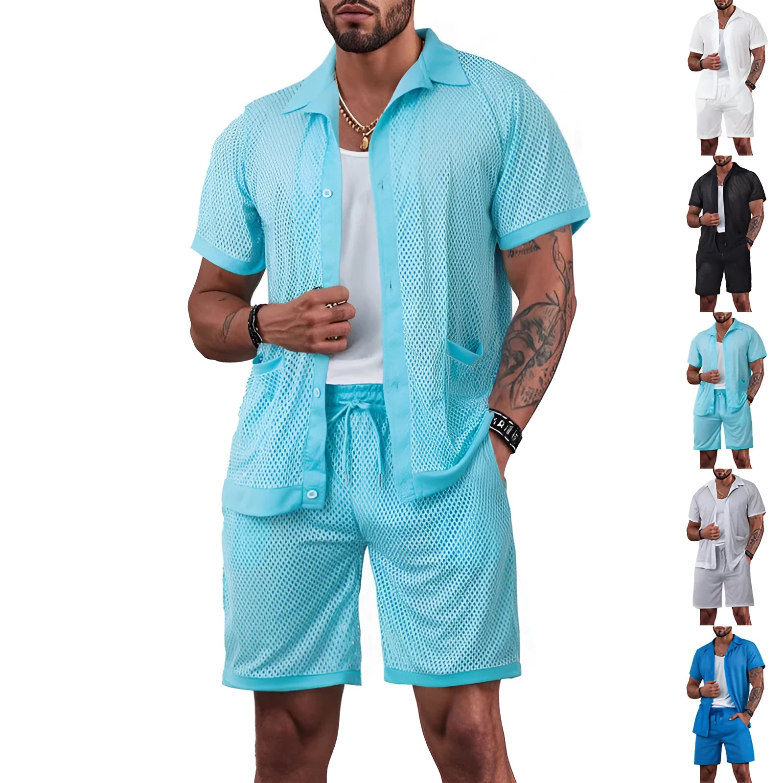 Women's see-through short sleeve cardigan and matching shorts set in Lake Blue for summer beach leisure