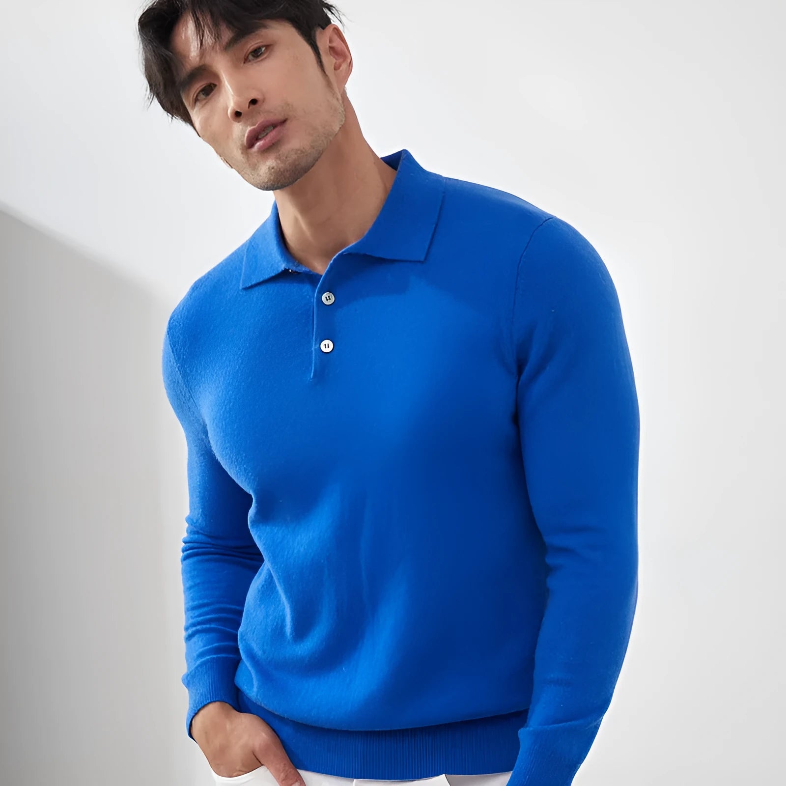 Pure cashmere men's polo collar pullover sweater in loose fit style