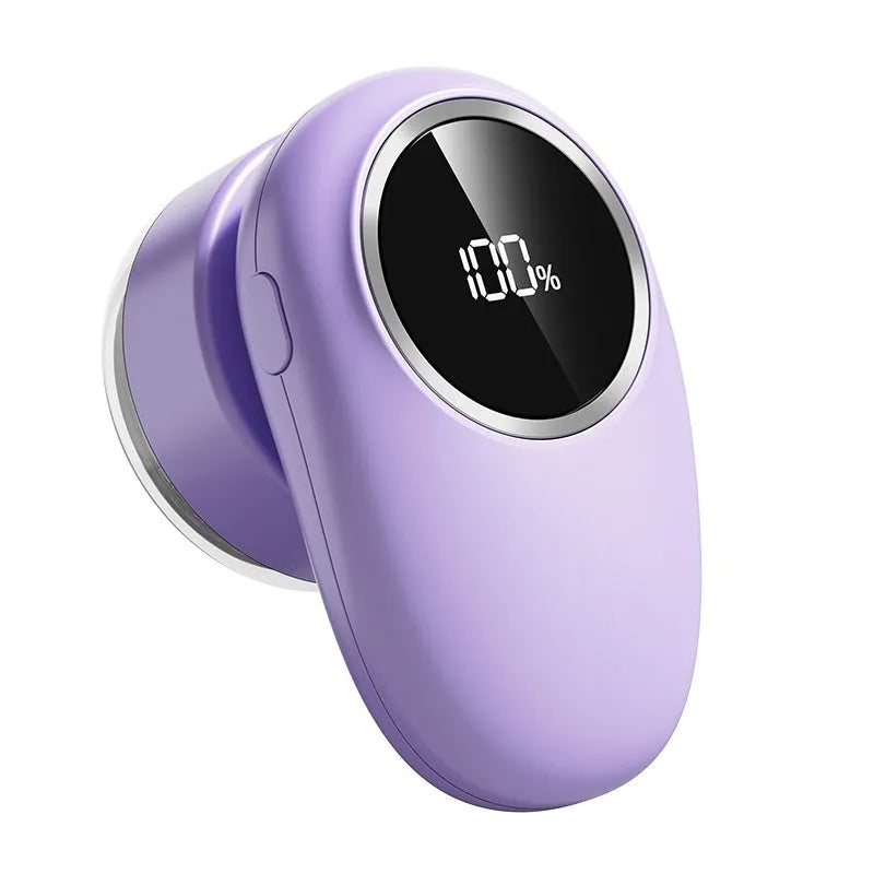 Beige and purple digital display fur ball trimmer with replaceable cutter heads for removing lint from fabrics.