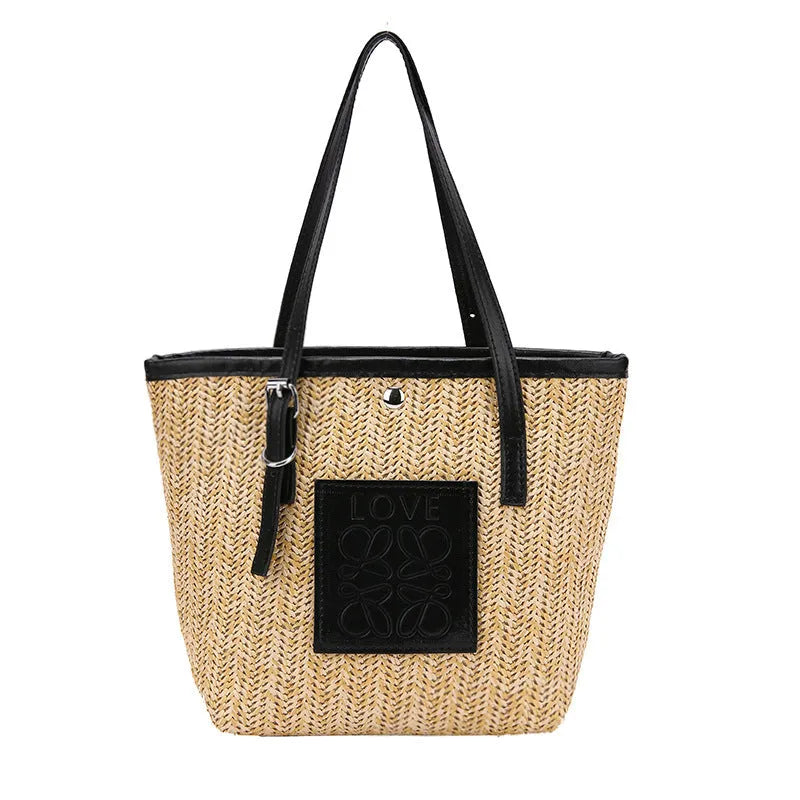 Straw woven women's shoulder bag in white or black with large capacity and retro sewing thread details