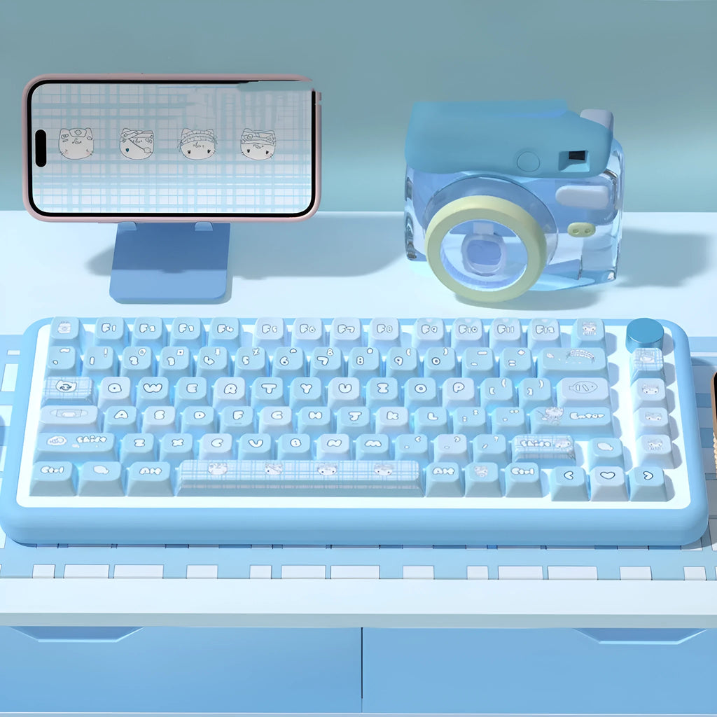 Watercolour kitten design custom PTB keycap set for mechanical keyboards, showing 138-key and 158-key options.
