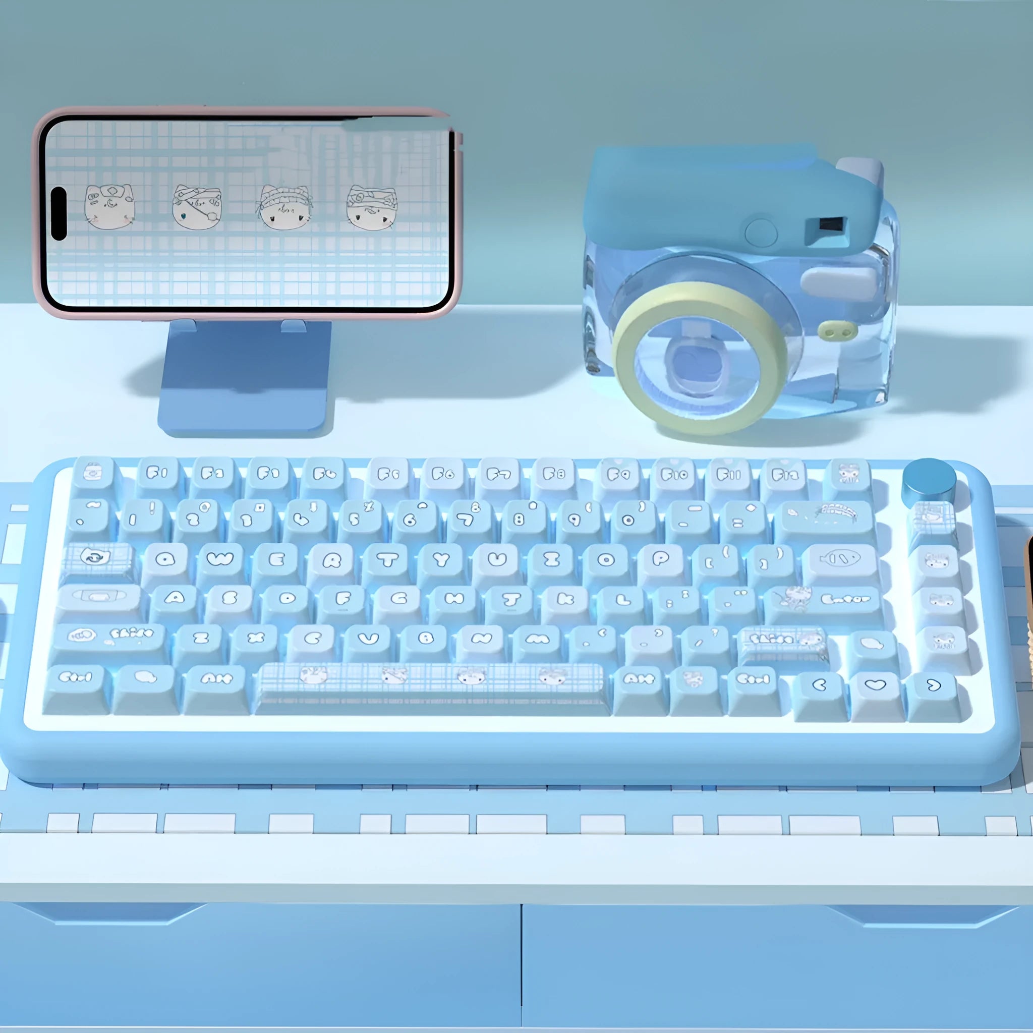 Watercolour kitten design custom PTB keycap set for mechanical keyboards, showing 138-key and 158-key options.